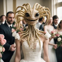 facehugger from alien as a flower girl at a wedding