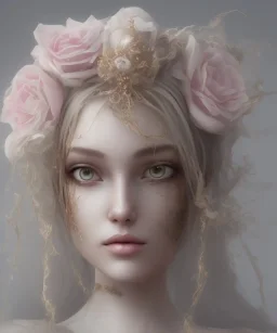 veil head Princess, covered chest, long hairs black eyes no top with roses, 8k resolution