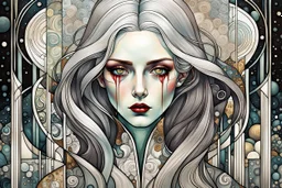 create an abstract, cubist, highly ethereal, darkly magical full body illustration of a deeply sorrowful, silver haired, vampire girl with highly detailed and deeply cut facial features, in the style of GUSTAV KLIMT, EDWARD BURNE-JONES, WILLIAM MORRIS, and KATHE KOLLWITZ combined with the comic art style of BILL SIENKIEWICZ and JEAN GIRAUD MOEBIUS, searing lines and forceful strokes, precisely drawn, inked, and darkly colored