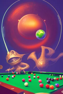 Aliens playing pool with the balls being planets. The main ball is planet earth