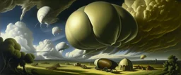 A light gray sky with airships in a tornado painted by Thomas Hart Benton