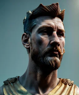 Gran angular, Realistic image, roman sculpture, marble deluxe material, Lionel Messi, gold Laurel leaves crown model, miguel angel style, chisel style, emperador, cinematic lighting, God light, god rays, 4k resolution, smooth details, ornate details, soft lighting, unreal engine 5, soft cyan background.