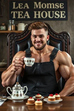 a young mechanic man with huge muscles and his top off enjoying high tea by himshelf with little cakes, with large title( Large throby member TEA HOUSE)