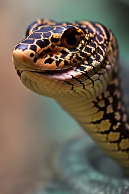 Close up of a Cobra snake ready to strike, head in a flat striking position. Abstract, Stunning and frightening pattern on forehead with staring eyes. Style of steampunk, chaos80, realistic and high quality