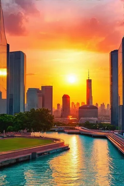 Amazing colorful sunset, buildings, lake, city, park, cyberpunk, sci-fi, photography hd