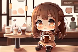 contented cute chibi girl in coffee shop