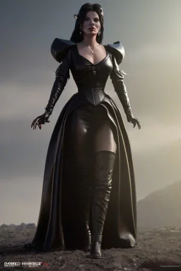 Young Sandra Bullock as evil queen in black leather gown, angry, busty, curvey, cleavage, unreal 5, octane render,cinema4d, dynamic lighting, dramatic lighting, 4k, redshift render, highly detailed, hyper realistic