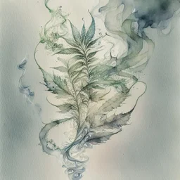 Intertwine smoke tendrils and crushed weed in an asymmetrical manner, forming intricate and interconnected shapes that evoke a sense of complexity and depth. watercolour sketch