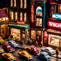 Close-up photograph of a diorama building, city, store, advertising, land-of-toys with detailed vintage toys made of cake-frosting and felt, strong texture, extreme detailed, movie shot, rich moody colors, sparkles, night, nightmare