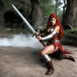 [a dead dragon on the floor] Karen Cheryl as Red Sonja, upon hearing about a dragon terrorizing the local villagers, decided to intervene. Armed with her sword and battle axe, she prepared herself as the dragon launched its attack. With swift precision, Red Sonja drove her sword through the dragon's mouth and followed up with a powerful swing of her battle axe across its head. The mighty beast collapsed in a heap, defeated. Standing triumphantly, Red Sonja placed her foot on the dragon’s head an