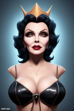 Joan Collins as evil queen in black leather, leather, busty, cleavage, angry, stern look. character design by cory loftis, fenghua zhong, ryohei hase, ismail inceoglu and ruan jia. unreal engine 5, artistic lighting, highly detailed, photorealistic, fantasy