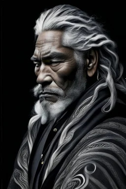 a photo of an Maori man with ethnic jewelry, grey hair and grey flowing robe, in style of Annie Leibovitz, contemporary portrait of a mature yet beautiful and modernist man, black and grey, detailed masculine face, swirling fluid smokey enigma, award-winning artwork