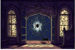 One day at night, there was a long window open, and inside the palace there was a dark room, and the window of that palace was broken and had a spider web in it, and the picture appeared from the outside. Someone was looking at someone inside, cartoon, 2D.