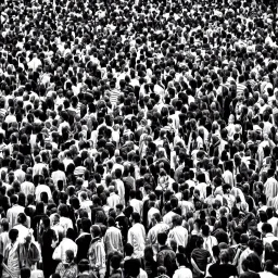 full colour man in black and white crowd,