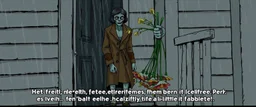 Maya is standing in the doorway with one hand still on the handle. She looks surprised, but not frightened. The zombie is wearing an old brown coat with patches on the elbows. His shoes don't match. What's surprising is that he's carrying a bunch of wildflowers. One of them has slipped from his hand and landed upside down on the porch. The rain is falling everywhere except on the flowers. That's a little strange.