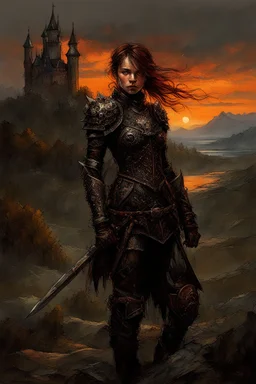 A formidable warrior girl in black armor, on the background Amazing gloomy landscape, flooded with sunset, mountains, trees, fabulous scary hero, , juicy emotions, painting, dark fantasy, gloomy day, dark world, portrait, Gothic Town At Night, Fantasy, Intricate Details, Castle Courtyard Gardens, Hyper Detailed, Jean Baptiste Monge, Carne Griffiths, Michael Garmash, Seb Mckinnon, Masterpiece