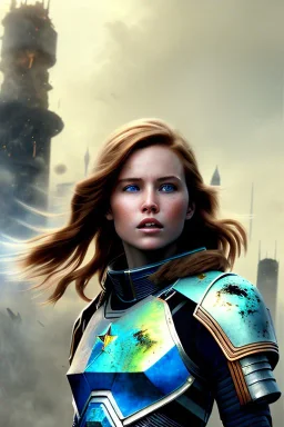 ultrarealistic, ruined city,__skimpy N7 armor__, no star, __angles__, 18 year old woman, strikingly beautiful,ginger hair, _colour_, [__starlets__|__starlets__], (pale __skincolor__ skin:1.2), __camera__, _hair_, detailed face and eyes, medium breasts, sci-fi theme, freckles, dynamic pose, resolved expression, __accessory__, strappy outfit, (straps:1.1), sword in scabbard on left hip, (buckles, buttons, snaps, rings:1.0), haltertop style breastplate, detailed eyes, plump lips