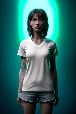 Ultra Realistic image, 25 years old brunette woman, Madrid, portrait, small stature, small chest, yakuza body tattoo, white broken cotton short undershirt, black latex short, rain, fog, club night Tokyo ambient, leds, neon, vibrant color, highly detailed, art stations, concept art, smooth, unreal engine 5, god rays, ray tracing, RTX, lumen lighting, ultra detail, volumetric lighting.