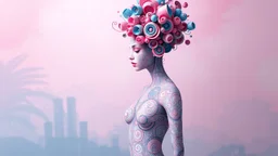 A digital artwork of a female figure adorned with intricate patterns and designs. The figure's body is covered in swirling lines, circles, and other abstract patterns in hues of pink, blue, and white. Her head is uniquely decorated with a bouquet of spiraling, bubble-like structures in shades of pink and blue. The background is a gradient of pink and blue, with abstract patterns that complement the figure's design. The overall ambiance of the image is dreamy and surreal.
