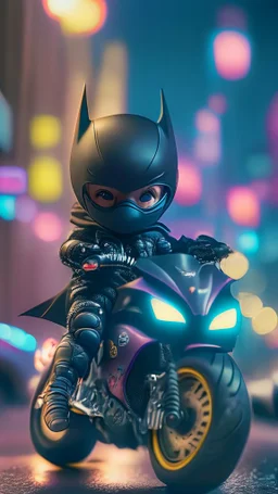 A happy Kawaii tiny hyper realistic baby batman riding mini ducati panigale, wearing bikers batman clothes with shooting action, night of cyberpunk city background. wide angle full body, 8k, Cinematography, photorealistic,epic composition Unreal Engine,Cinematic, Color Grading, Portrait Photography,Ultra-Wide Angle, Depth of Field, hyper detailed