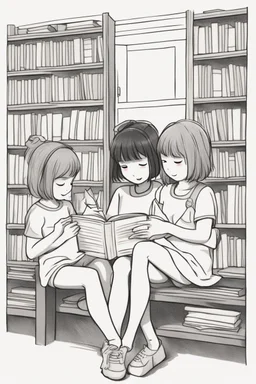 Little girls sitting together, reading books with rectangular-shaped pages. Incorporate rectangles for the books, bookshelves, and cozy reading nooks.,very happy , Colloring page for todlliers ; basic hawali style cartoon , black and white , ink outlines , , smooth , anime style , minimalist , cute eyes , full body , white shose , sketchbook , realistic sketch , free lines , on paper , character sheet , clean line art high detailed