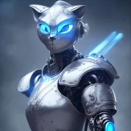 a cat-like robot with blue eyes and cyber elements wearing a medieval armor, high detail, photo, 8k, ray-tracing