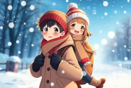 cute detalied anime from one boy and one girl dressed warmly in coats and hats, enjoying a day out in the snow together. The boy is carrying the girl on his back, They are both smiling and embracing the cold weather, showcasing a strong connection between the two, winter scene, detalied, high 3d anime, aesthetic design, snowy landscape, beautiful shot, stunning, cinematic