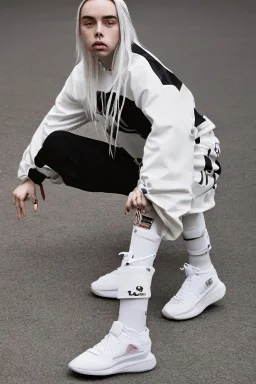 Billie Eilish, kneeling, underpants, white socks, rear view, pale skin, high detail, realistic, 8k, not to be distinguished from a photo