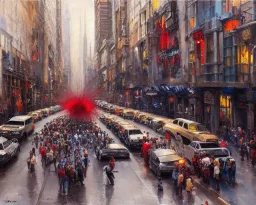 Brent Heighton, Giger, a large deep hole on the street, furry giant red spider climb out, crowded people run away, great composition, highly detailed, high quality