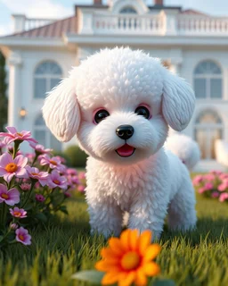 Generate image: Generate image: Generate image: A macro 3D render of a cute, lovely wooly dog ,made of lucid jelly. in yard of a luxury villa next to flowers ,subsurface scattering and gelatinous texture . High-quality CGI, octane render, 8k resolution, whimsical, adorable, clean composition. long shot ,4:3