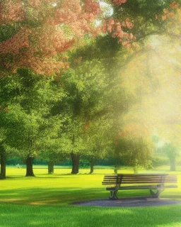 park fantastic dream, park bench, trees, birds, sunshine, mystical, pastel colors, detailed, soft focus,