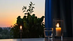 A group of green birds with human-like forms blend seamlessly with a cluster of leafy plants. The scene is set against a serene sunset. To the right, a blue curtain partially obscures the view, adding a sense of mystery. In the foreground, a lit candle in a simple candlestick and a glass of water sit on a surface, their reflections subtly visible.