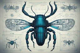 Hand drawn illustration , with detailed blueprints and engineering schematics of dark cybernetic Stag beetle, with highly detailed facial features, detailed drawings, and technical notation, 8k