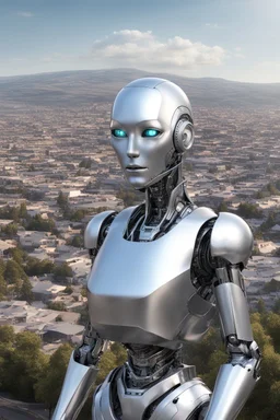 silver humanoid robot, with a human face, standing looking over a small alien town