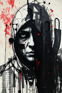 Combine a sketch dark art of figure horrible looking with an introspective gaze coated in fragments of anger—a snapshot clipping half-buried beneath thick black strokes and faded ashes, irregular splashes of paint creating an abstract spooky situasion. Melting hint at something industrial, almost cryptic, while bursts of fire and red break through. The scene pulses with raw energy, like a snapshot of a horrific memory, wrapped in resin-coated organza, atop layers of collage horror at background
