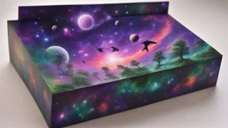 a box 10 cm long by 5 cm wide and 25 cm high, drawn on a box on all sides, space, tress, planets, crow galaxies a lot of colours purple, green and red, portal too others galaxy, realistic