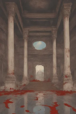 Broken temple with the floor covered in blood, detailed painting, sky of blood