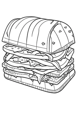 Coloring page for toodlers, with a sandwich, very Bold outlines and white background, minimal number of elements, very simple, very thick outlines