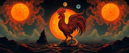 &The source of light shadow chaos order, Abraxas the first creature, older than God fire and darkness volcano Haiti god with rooster head and serpent legs as a vision of the beginning of awakening within a dream of paint color and time, 365, ruling over the sun the planets, color, time itself, in the style of Escher