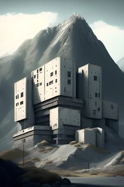 Settlement made up by sturdy prefabricated modern box buildings some multi storey, surrounded by concrete fortification, close to a metallic mountain range