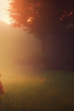  Jesus standing in the grass, A beautiful landscape at dawn by atey ghailan, ismail inceoglu, michal lisowski, artstation, volumetric light, high detail, perfect