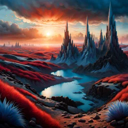 Photograph realistic detailed movie shot of a landscape background by denis villeneuve, amano, yves tanguy, alphonse mucha, ernst haeckel, max ernst, roger dean, masterpiece, rich moody colours, dog teeth, blue eyes, sunrise, strong texture, extreme detail, intricate, strong colours, bas-relief, high resolution, volumetric light, 8k, 3d, cinematic, rich moody colors, sparkles, blue eyes, octane render, 55mm photography, 8k, sharp focus, volumetric light, ZBrush, architecture by henri rousseau