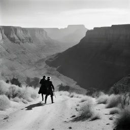 [very impressive high res masterpiece in Kodak Eastman 5247, scene by László Krasznahorkai] a scene of duel between a vampire and a sheriff in a Wild Wild West attack of sesession war in the grand canyon