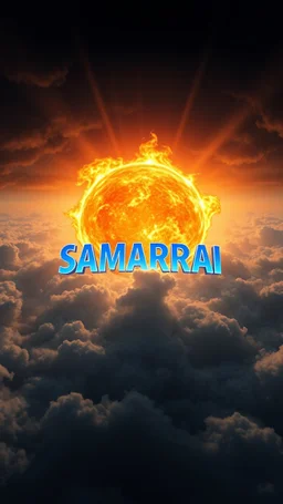 A huge ball of fire above swirling “ clouds, the word “ SAMARRAI “ in 3D color blue emerges from the heart of a raging storm. Turbulent winds of steam swirl around the sun lit by shafts of sunlight that cast dramatic shadows on the A beautiful sun , High quality 16k cinematic scene and great photography