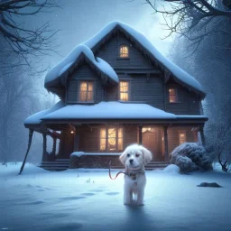 sad, scared, lonely dog tied with short leash in front of a house, winter, 8k resolution, high-quality, fine-detail, intricate, digital art, detailed matte, volumetric lighting, illustration, 3D octane render, brian froud, howard lyon, selina french, anna dittmann, annie stokes, lisa parker, greg rutowski