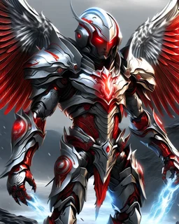 male silver metal armor with red and gold highlights with angel wings, flying over a glacier, glowing red eyes with the helmet covering the face entirely