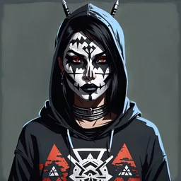 alluring Navajo goth female assassin, bold facepaint, sweatshirt, anime style