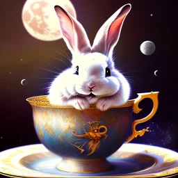 laughing bunny king , dreaming of the moon and stars, drinking warm tea surfing waves on a teacup,misty fantasy art, book cover