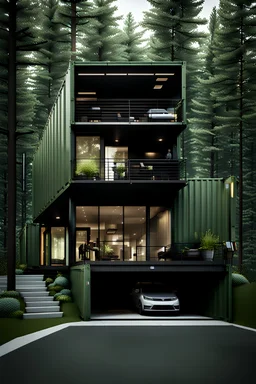Medium sized, modern house in the woods made from shipping containers, photorealistic