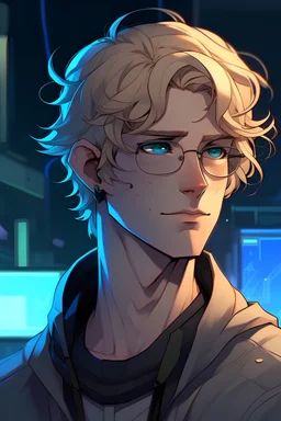 head and shoulders, human young adult, male, curly blond short hair, glasses, scientist, anime style, cyberpunk